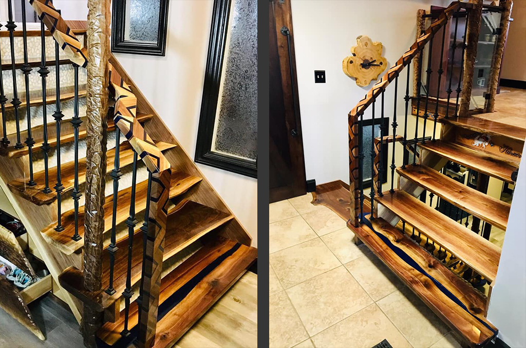 two images of a renovated staircase in brampton